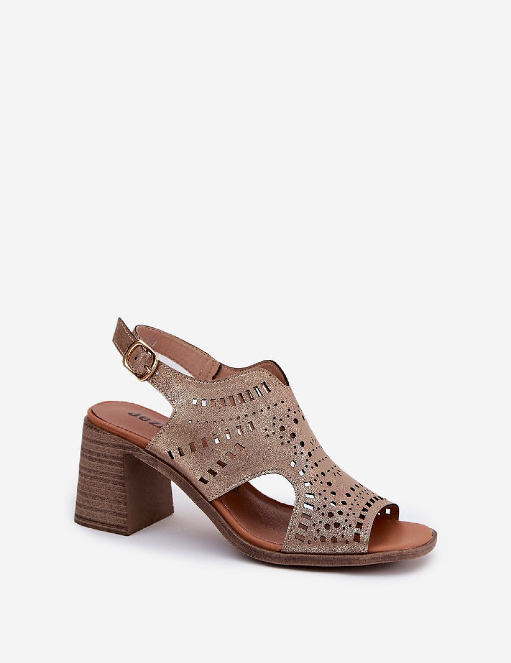 Beige heeled sandals with cut-out design, ankle strap, and wooden block heel.