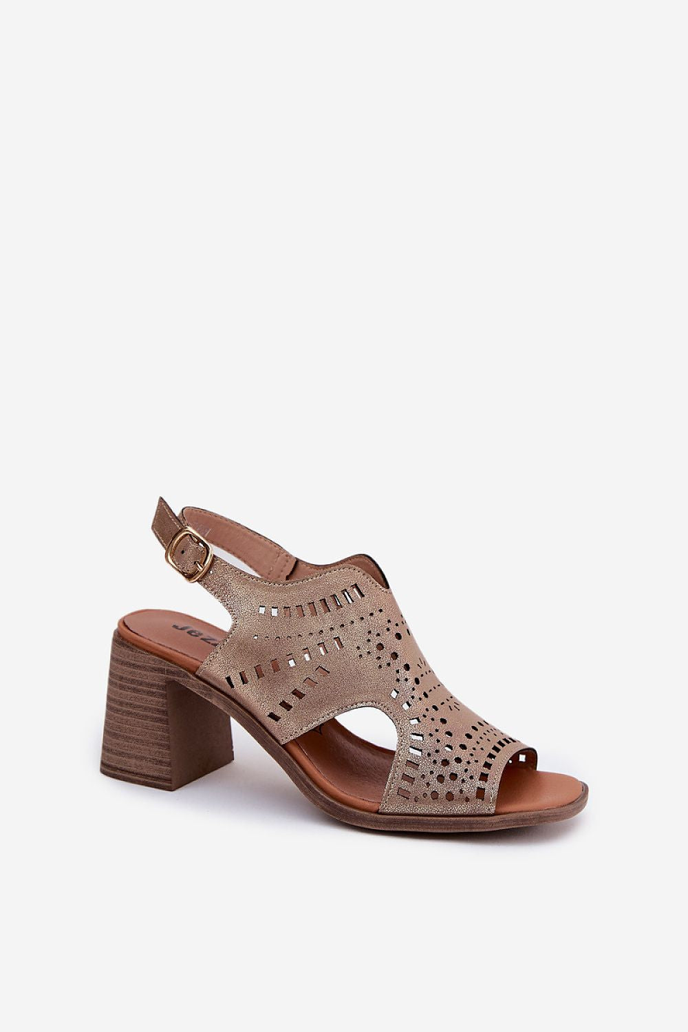 Beige heeled sandals with cut-out design, ankle strap, and wooden block heel.