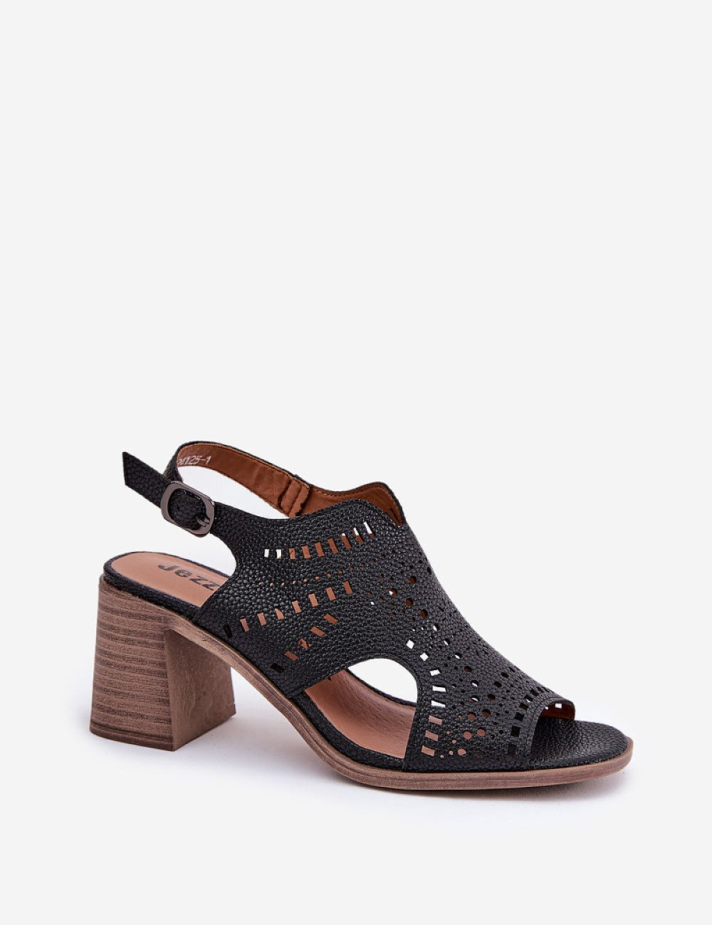 Black perforated heeled sandal with adjustable ankle strap and wooden block heel.