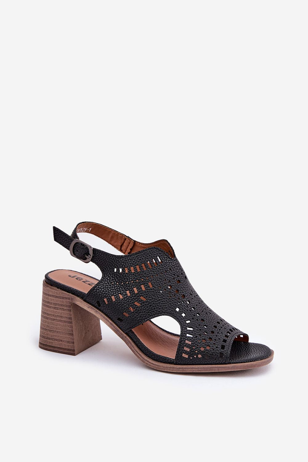 Black perforated heeled sandal with adjustable ankle strap and wooden block heel.