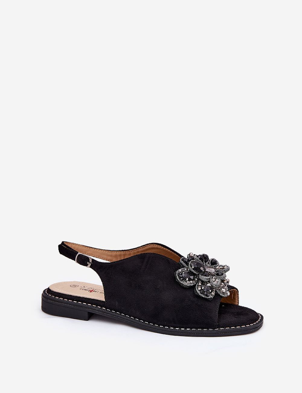 Fiorenna Flat Suede Flower Sandals with sculpted floral accent and cushioned insole, offering romantic charm and all-day comfort.