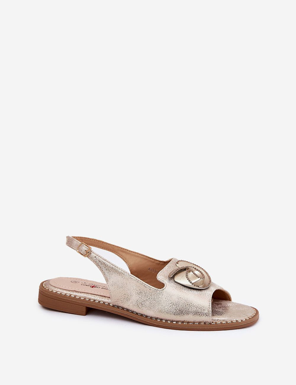 Shiraelle Shimmer Strap Sandals with glossy eco leather and delicate front detail, featuring a flat heel and adjustable ankle strap.