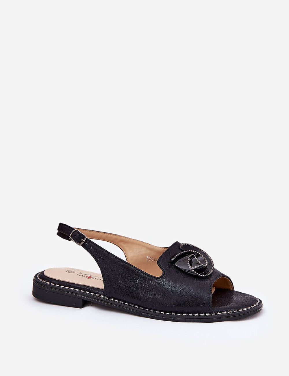 Shiraelle Shimmer Strap Sandals with glossy eco leather and delicate front detail, featuring a 2 cm flat heel and adjustable ankle strap.