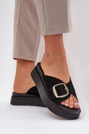 Chic Solva Suede Platform Slides with bold buckle and adjustable strap for comfortable, stylish, all-day wear.