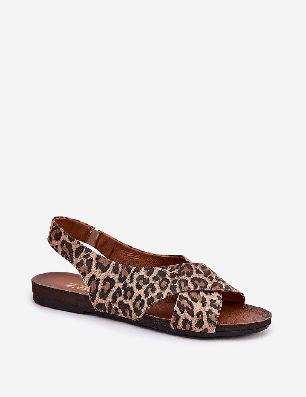 Talmea Soft-Strap Leather Sandals in leopard print, open heel and toe design for breathable, elegant footwear.