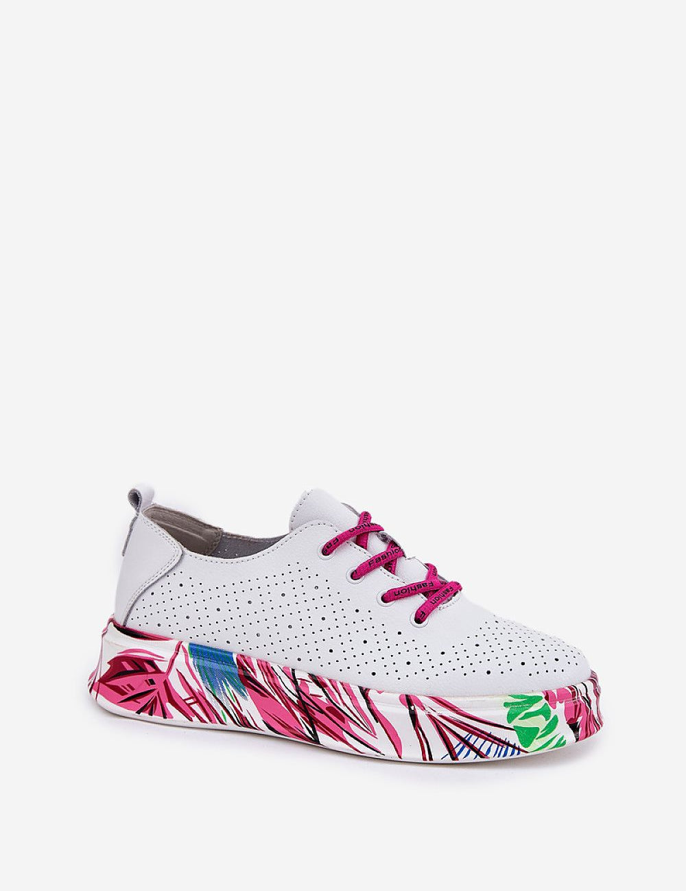 Lurevynn patterned platform sport shoe with unique floral sole, lace-up style in white leather for dynamic movement and versatile styling.