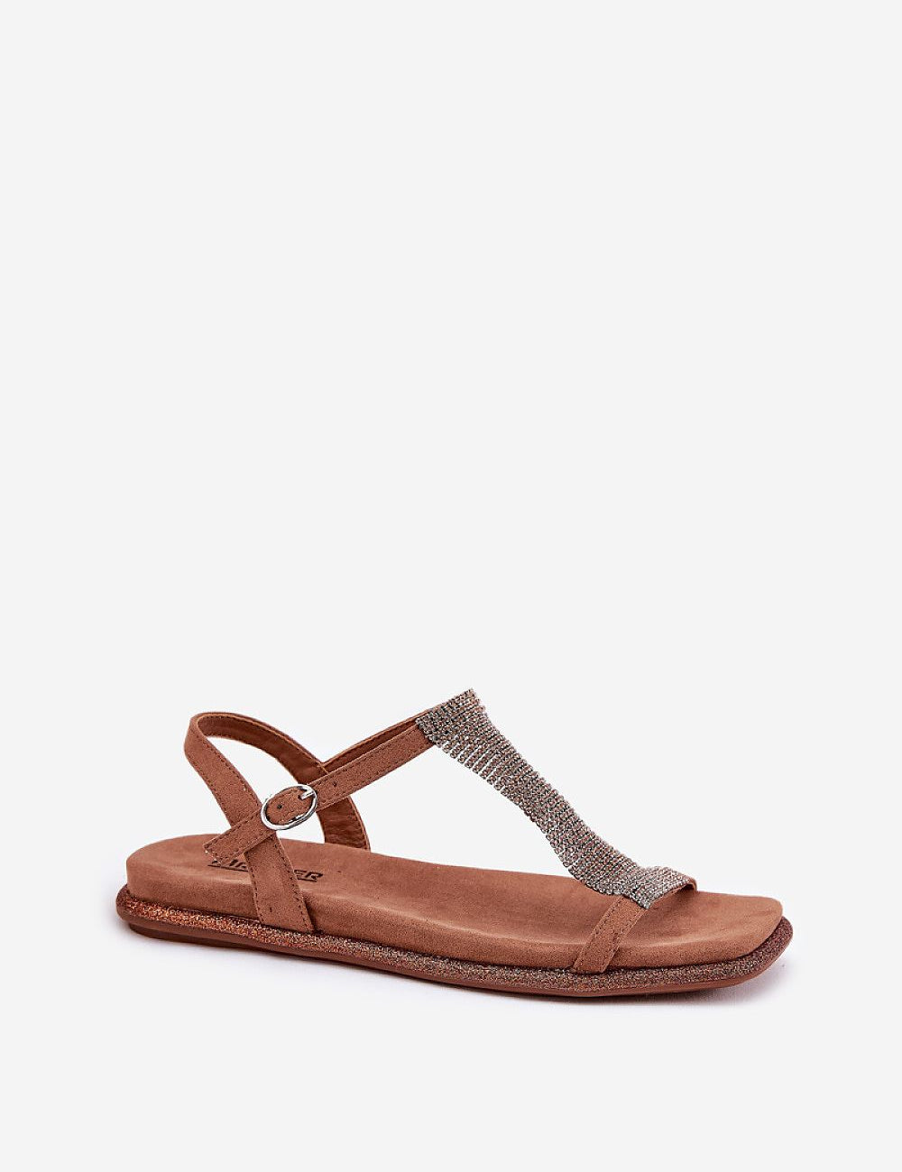 Lunavelle Crystal Buckle Sandals with brown imitation suede and crystal accents, featuring an adjustable strap and cushioned insole.