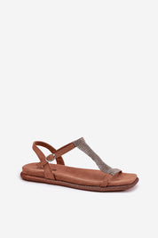 Lunavelle Crystal Buckle Sandals with brown imitation suede and crystal accents, featuring an adjustable strap and cushioned insole.