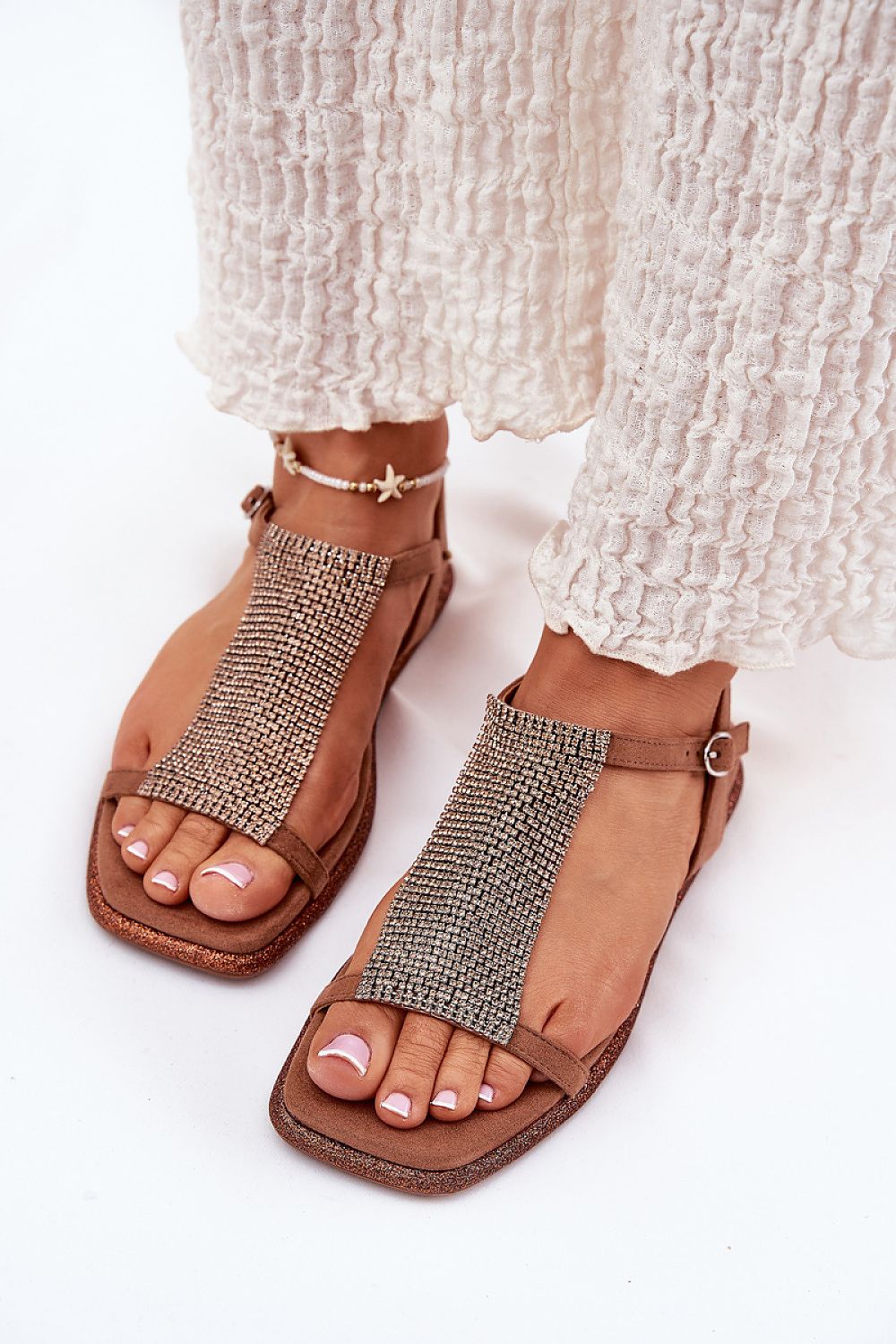 Lunavelle Crystal Buckle Sandals with radiant crystals on imitation suede, featuring adjustable strap and cushioned sole for formal occasions.