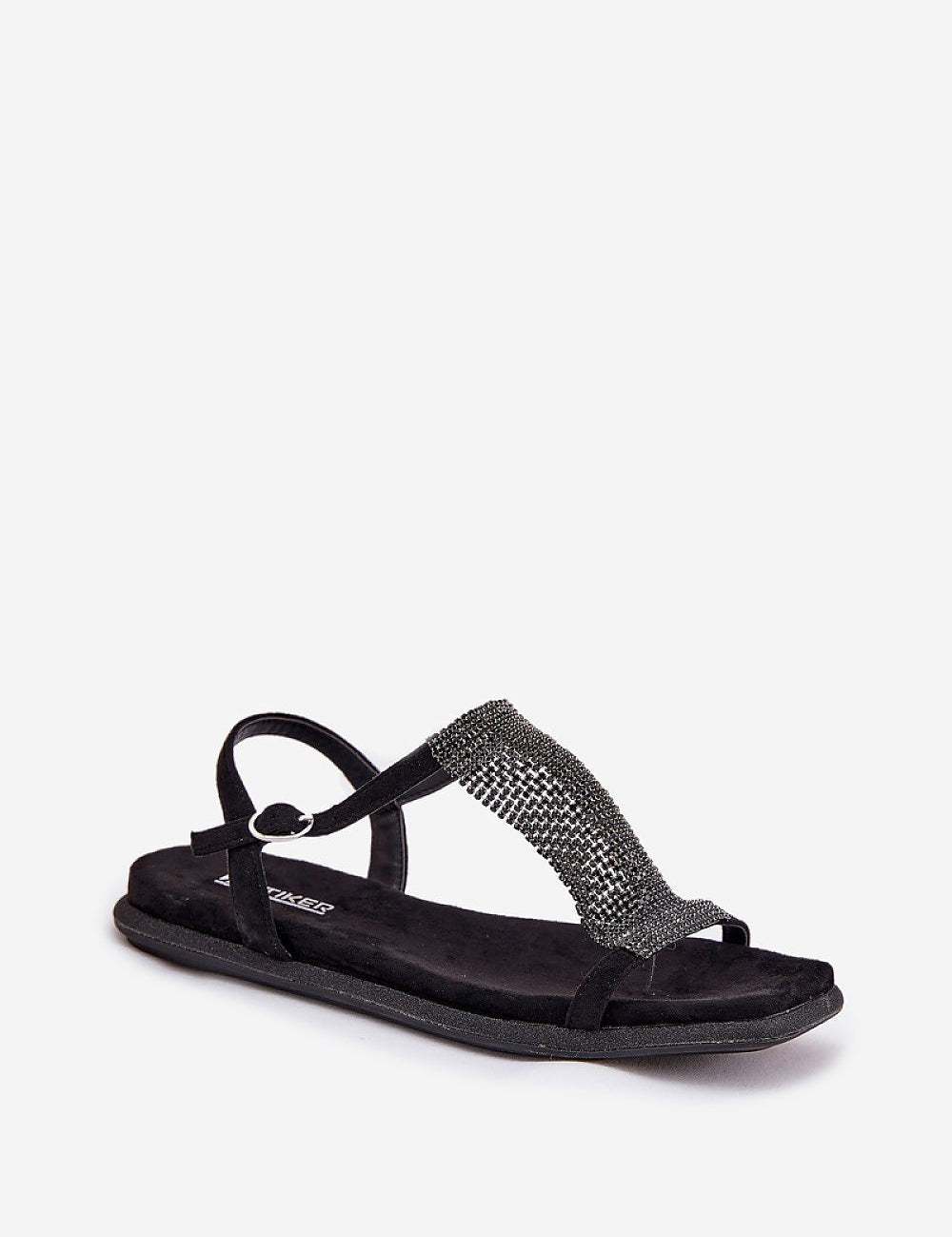 Cirellane Crystal Strap Sandals with black imitation suede and sparkling crystals, perfect for elegant evening looks.