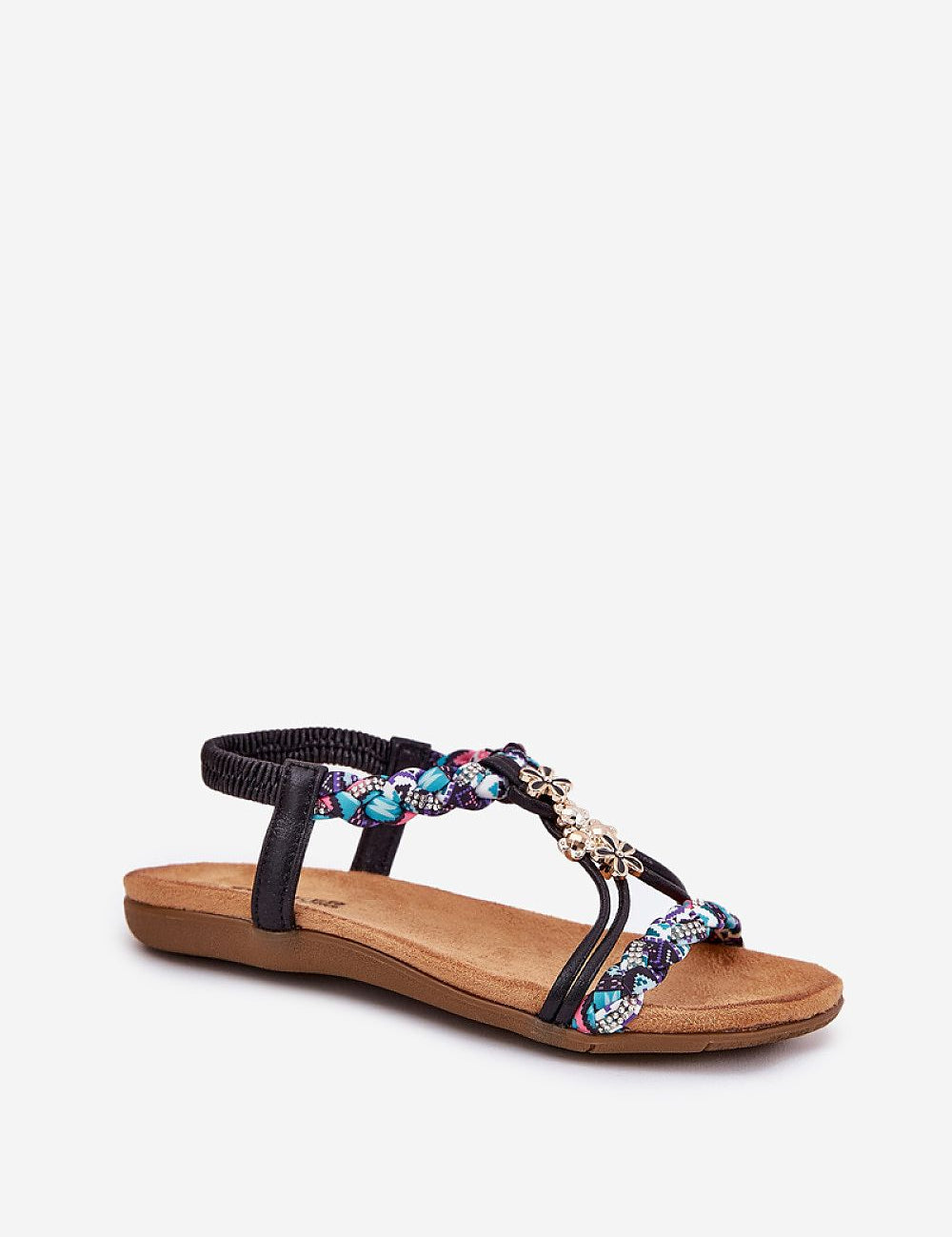 Aviretta braided zircon sandals with colorful straps and shimmering decorations, featuring a cushioned insole for summer comfort.