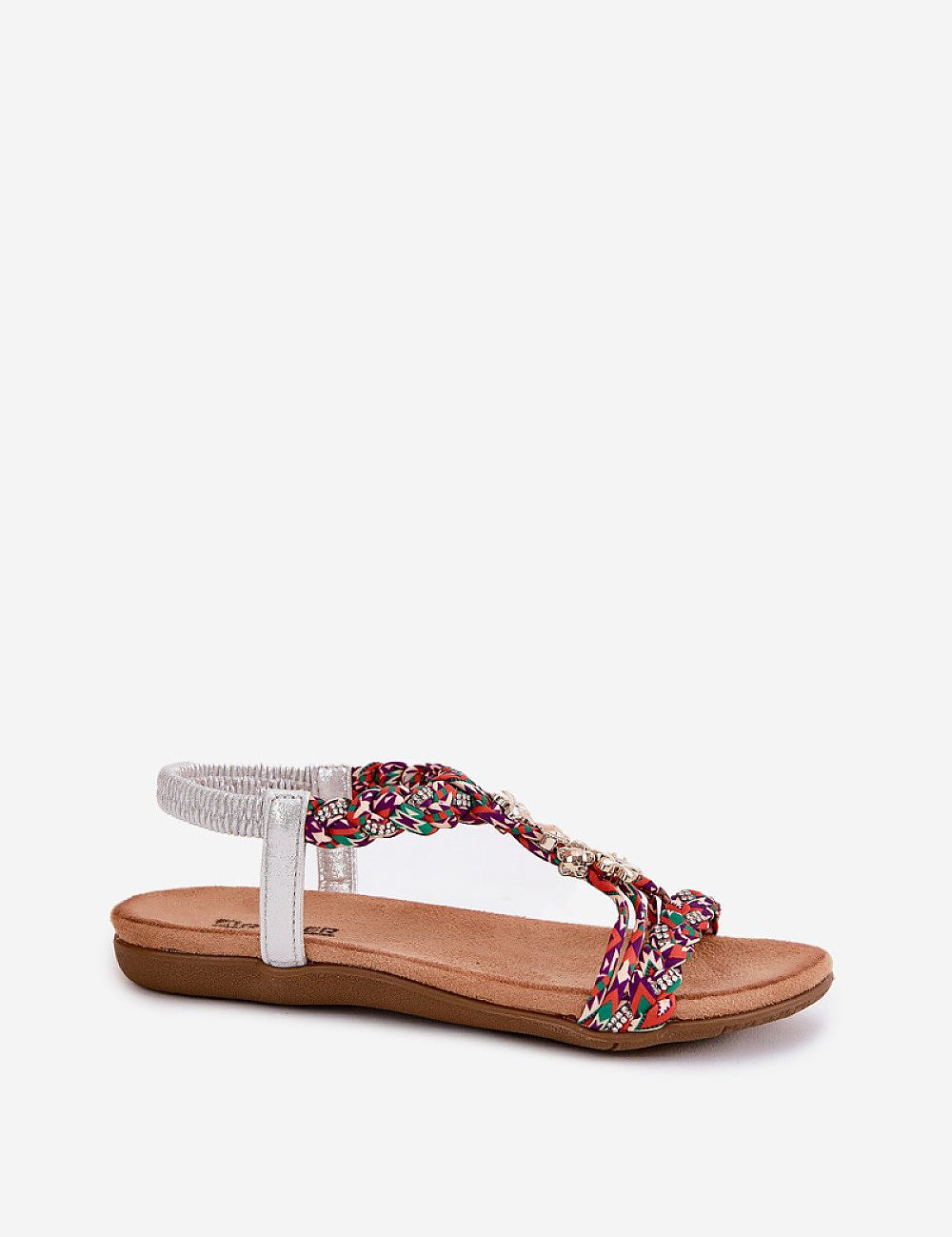 Zirellia Woven Flat Sandals with sparkling zircon accents and cushioned insole, perfect for summer strolls. Made in Poland.