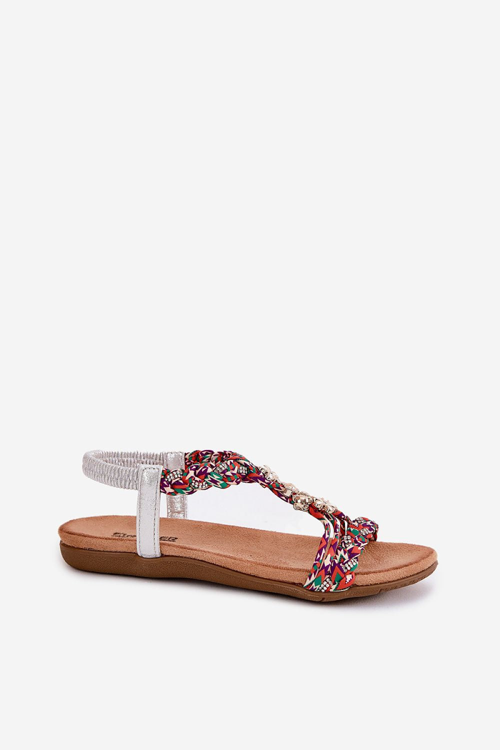 Zirellia Woven Flat Sandals with sparkling zircon accents and cushioned insole, perfect for summer strolls. Made in Poland.