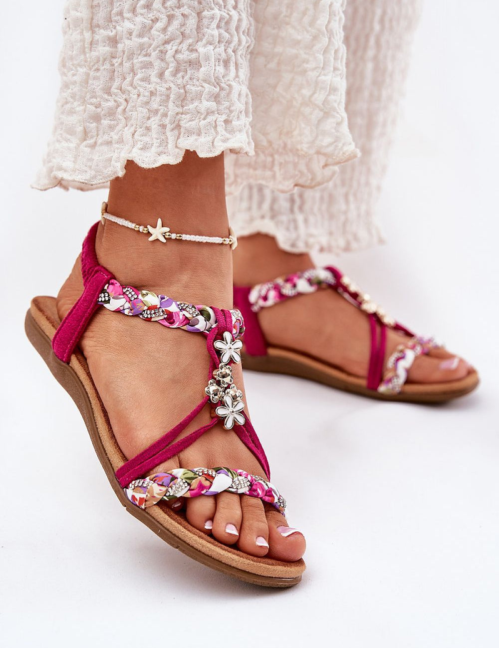 Elverina Braided Zircon Flat Sandals with pink braided straps and zircon embellishments, perfect for summer elegance.