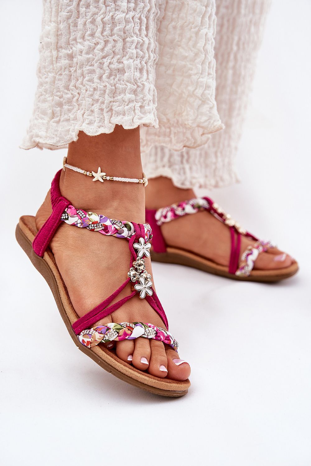 Elverina Braided Zircon Flat Sandals with pink braided straps and zircon embellishments, perfect for summer elegance.