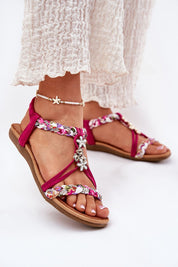 Elverina Braided Zircon Flat Sandals with pink braided straps and zircon embellishments, perfect for summer elegance.