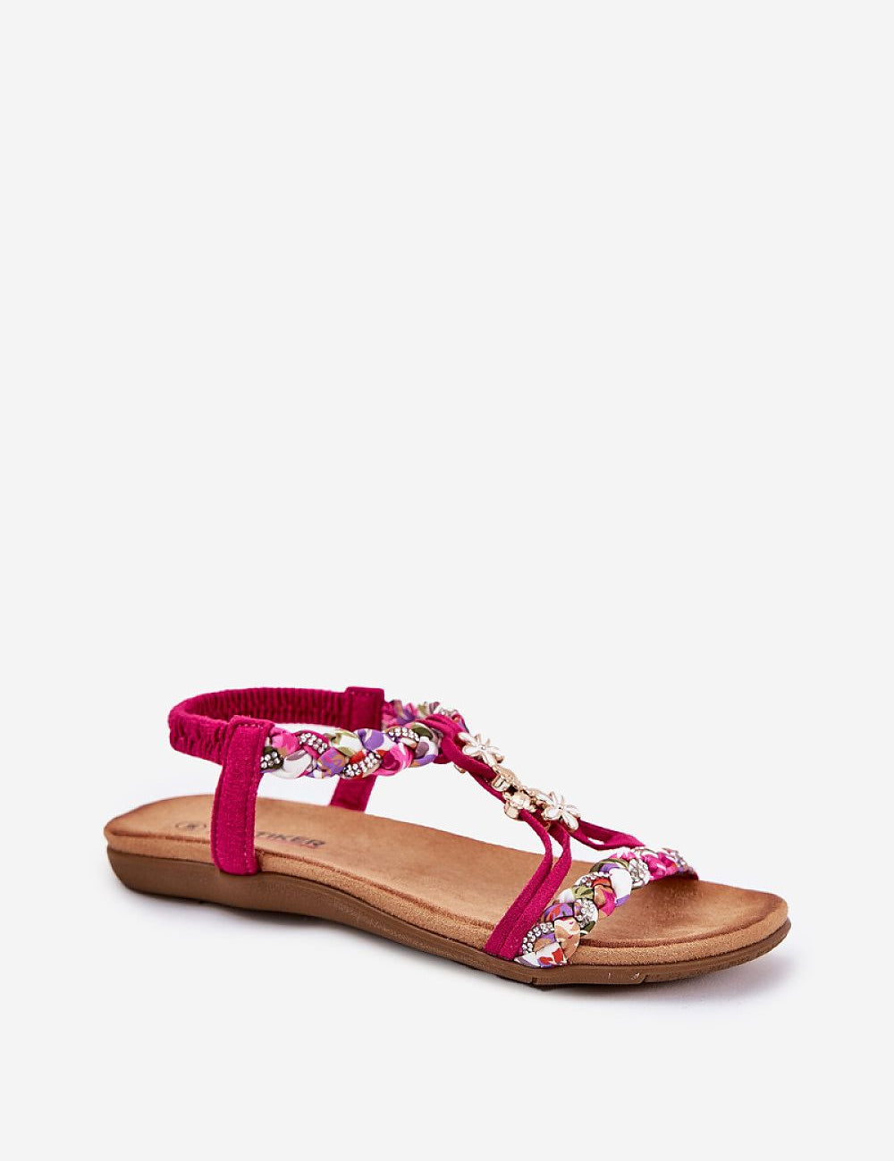 Elverina Braided Zircon Flat Sandals in pink with eco suede braided straps and zircons, perfect for summer elegance.