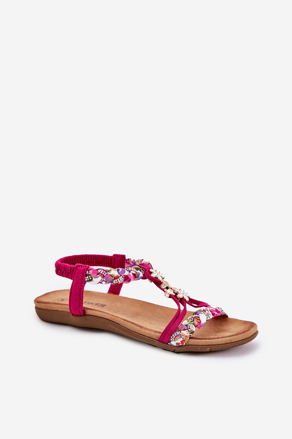 Elverina Braided Zircon Flat Sandals in pink with eco suede braided straps and zircons, perfect for summer elegance.
