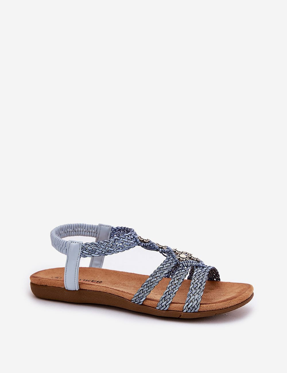 Elessa Woven Strap Sandals with braided eco-leather straps, soft suede insole, and elastic heel strap for summer comfort.