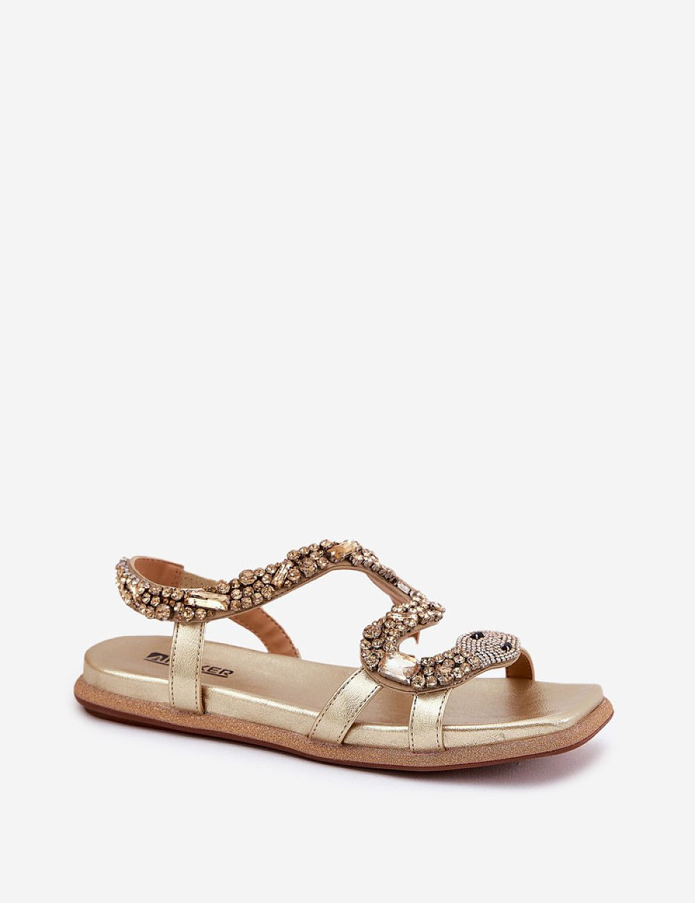 Nevalia Sandals with Crystal Snake Detail in eco-leather, featuring a sequin-trimmed sole and elegant snake motif, perfect for summer.