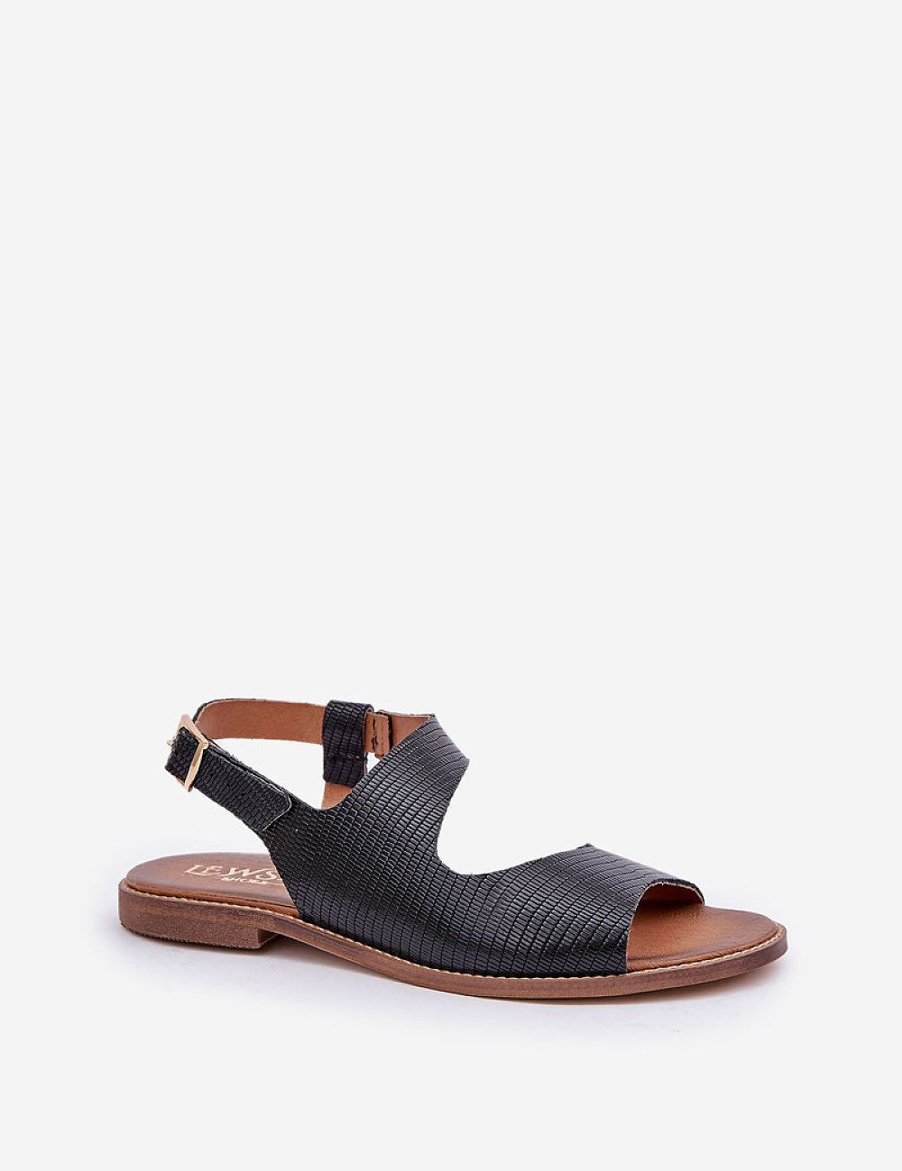 Zaniva Flat Leather Sandals with ankle strap and buckle, handcrafted in black natural leather, perfect for everyday comfort and style.