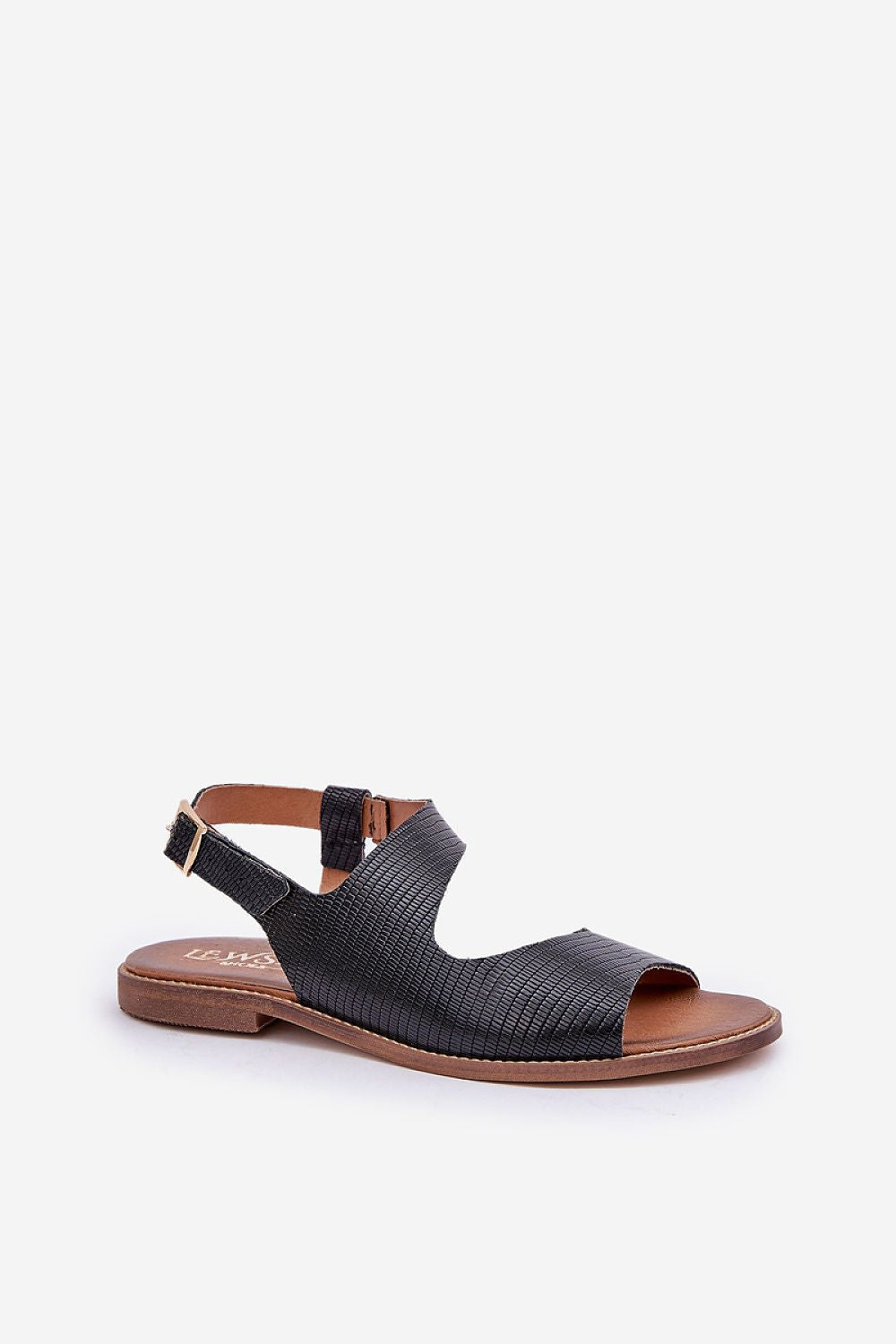 Zaniva Flat Leather Sandals with ankle strap and buckle, handcrafted in black natural leather, perfect for everyday comfort and style.