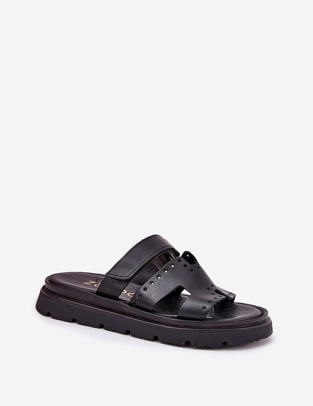 Mavena Platform Strap Sandals in black leather, featuring a wide upper strap and 3 cm platform sole for stylish comfort and support.