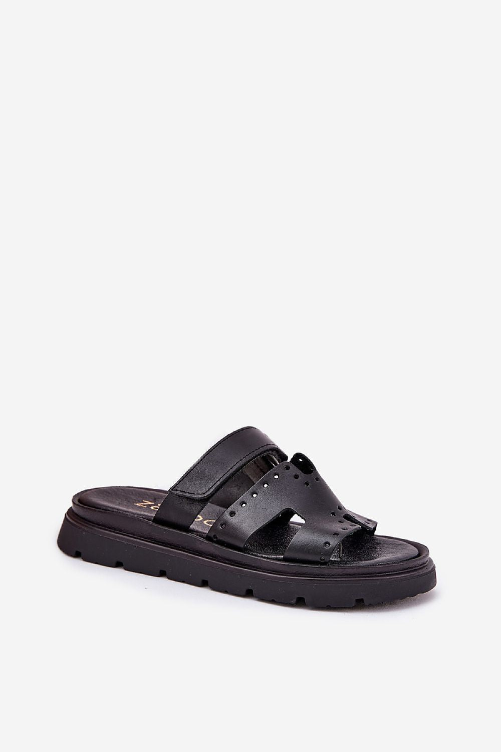 Mavena Platform Strap Sandals in black leather, featuring a wide upper strap and 3 cm platform sole for stylish comfort and support.