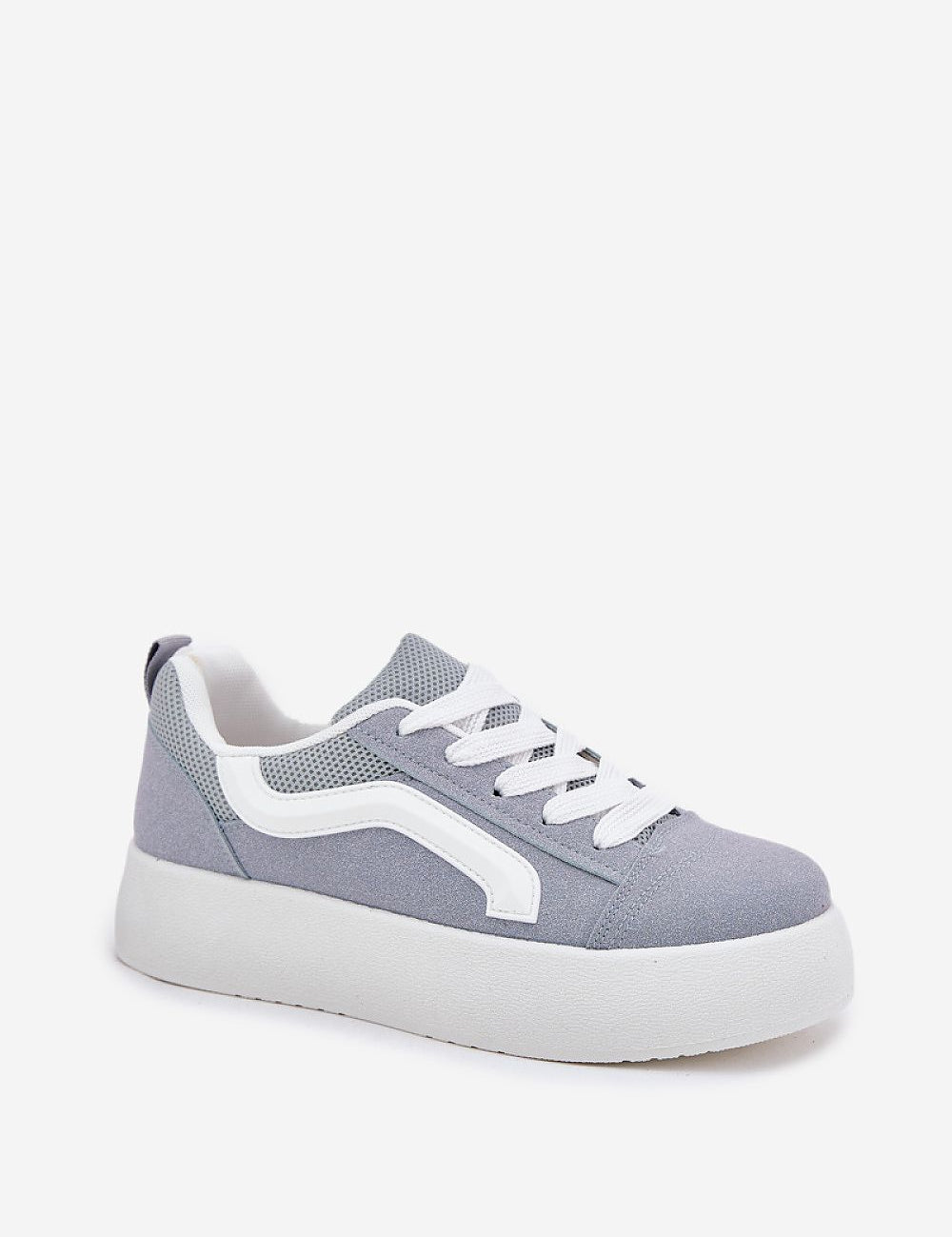 Ravelin Suede Platform Sneakers in eco-suede with rounded toe and supportive sole, ideal for casual chic wear, gray and white design.