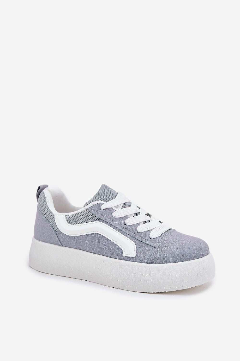 Ravelin Suede Platform Sneakers in eco-suede with rounded toe and supportive sole, ideal for casual chic wear, gray and white design.