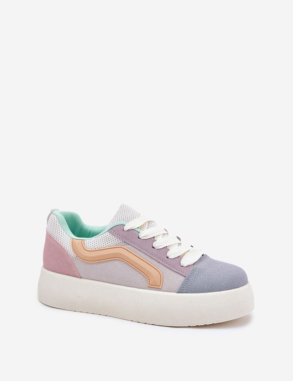 Ravelin suede platform sneakers in pastel colors with white laces, eco-suede, and rounded toe. Perfect for casual chic style.