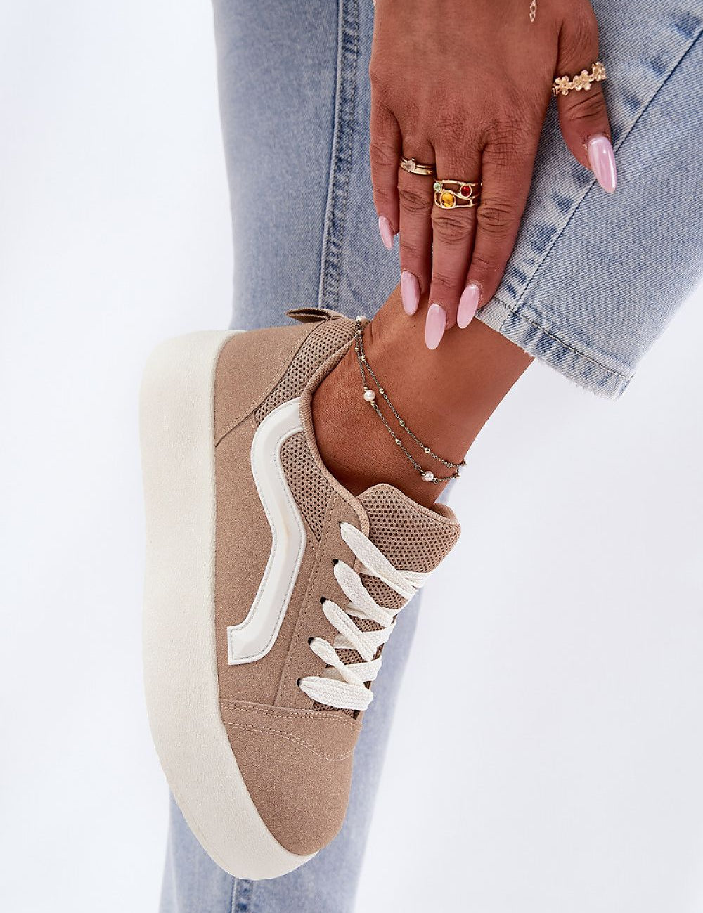 Ravelin Suede Platform Sneakers in beige with white accents, featuring a stylish platform sole and soft eco-suede material.