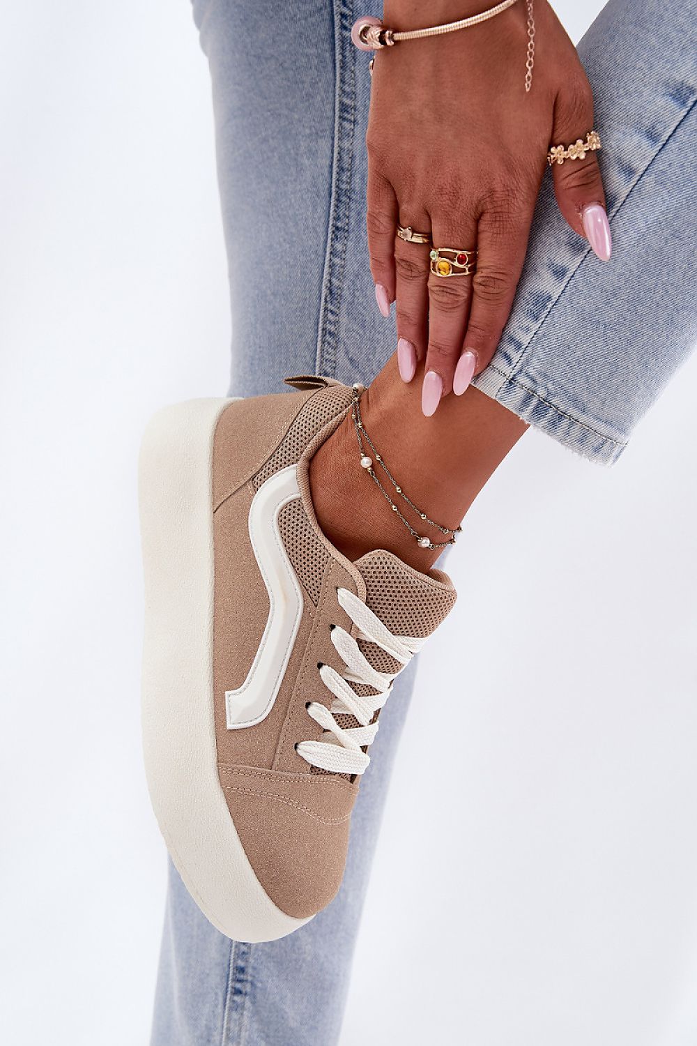 Ravelin Suede Platform Sneakers in beige with white accents, featuring a stylish platform sole and soft eco-suede material.
