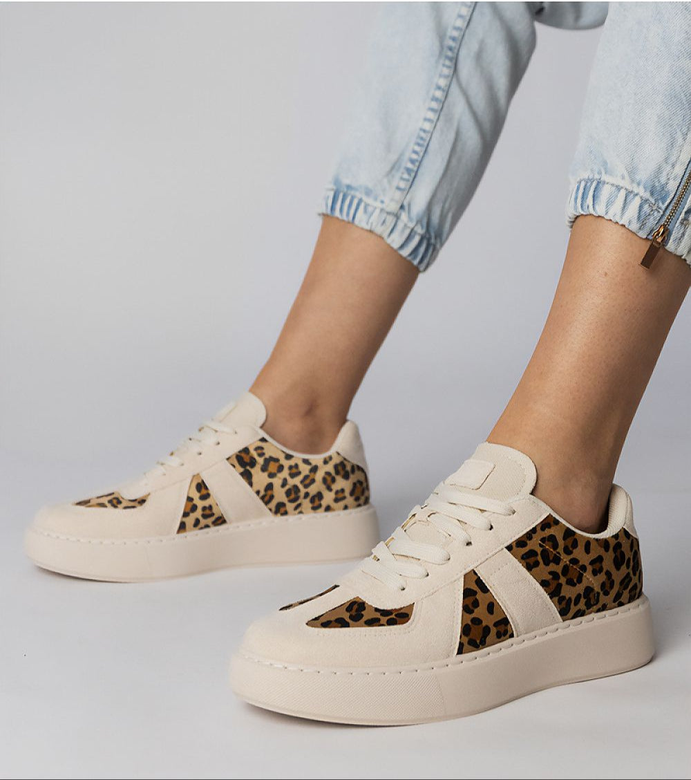 Tirella Patterned Platform Sneakers with white-on-panther motif, synthetic leather, and lace-up closure for modern comfort and style.