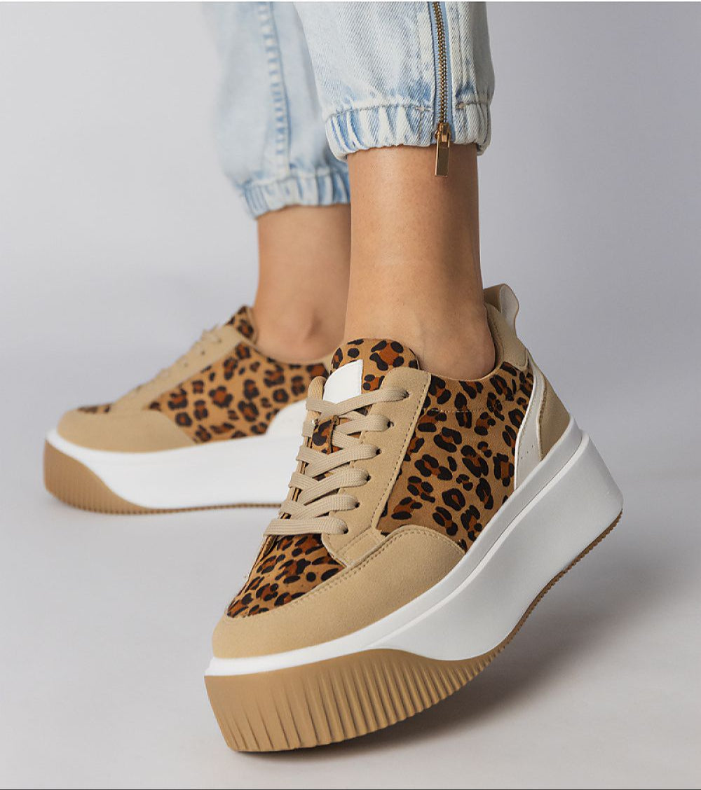 Voretta Panther Platform Sneakers with sculptural sole, eco-suede finish, and leopard print pattern, ideal for urban fashion.