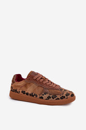 Brown suede sneaker with leopard print and textured design, featuring a durable sole and stylish urban appeal.