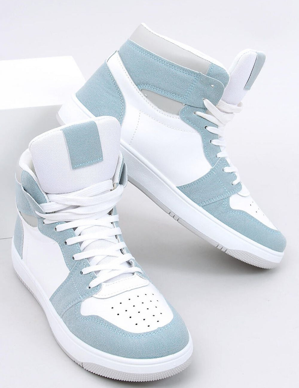 Verdina Colorblock Lace-Up Sneakers in white and blue eco-leather with suede accents, featuring an ankle-high silhouette and breathable lining.