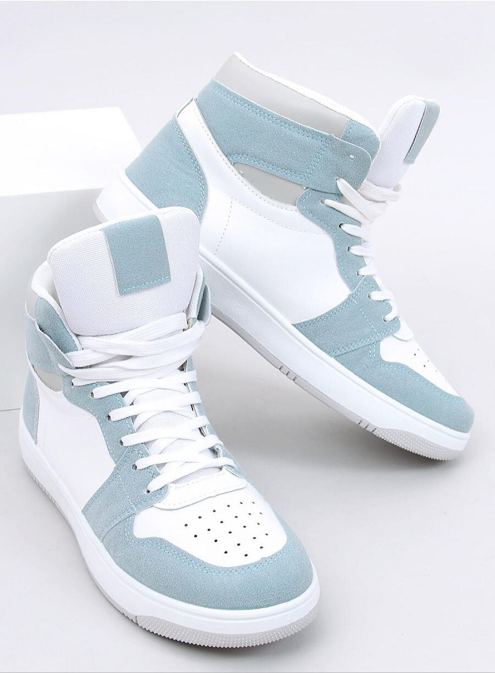 Verdina Colorblock Lace-Up Sneakers in white and blue eco-leather with suede accents, featuring an ankle-high silhouette and breathable lining.