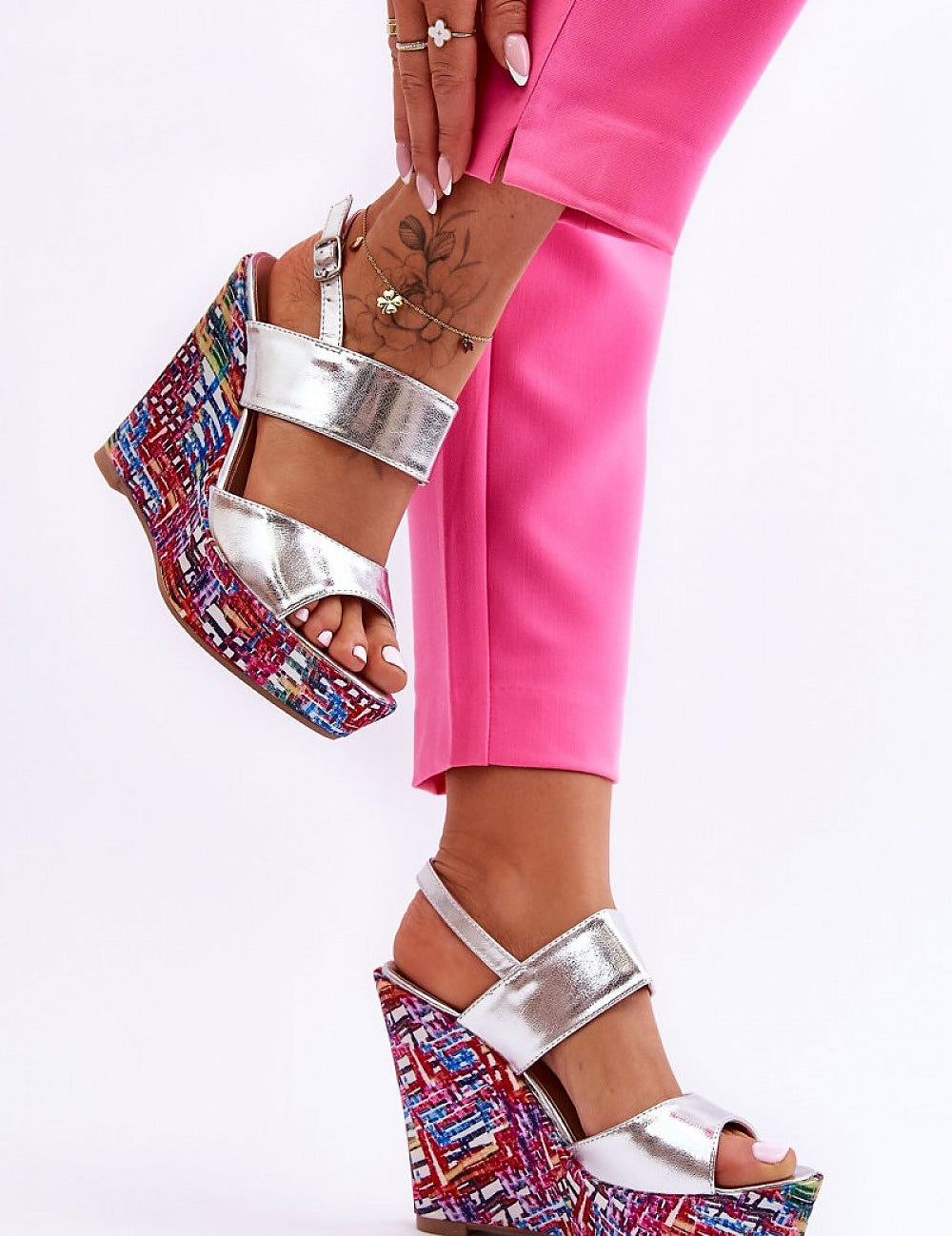 Sarvella High-Heel Fusion Sandals with colorful platform, eco leather, ankle strap, showcasing bold summer style.