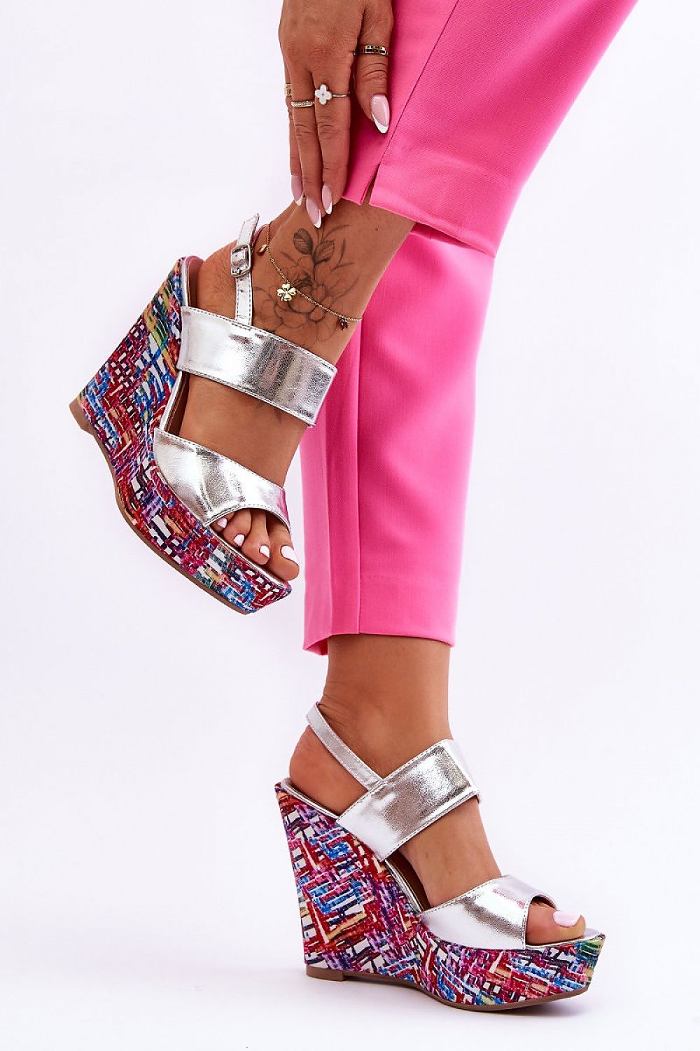 Sarvella High-Heel Fusion Sandals with colorful platform, eco leather, ankle strap, showcasing bold summer style.