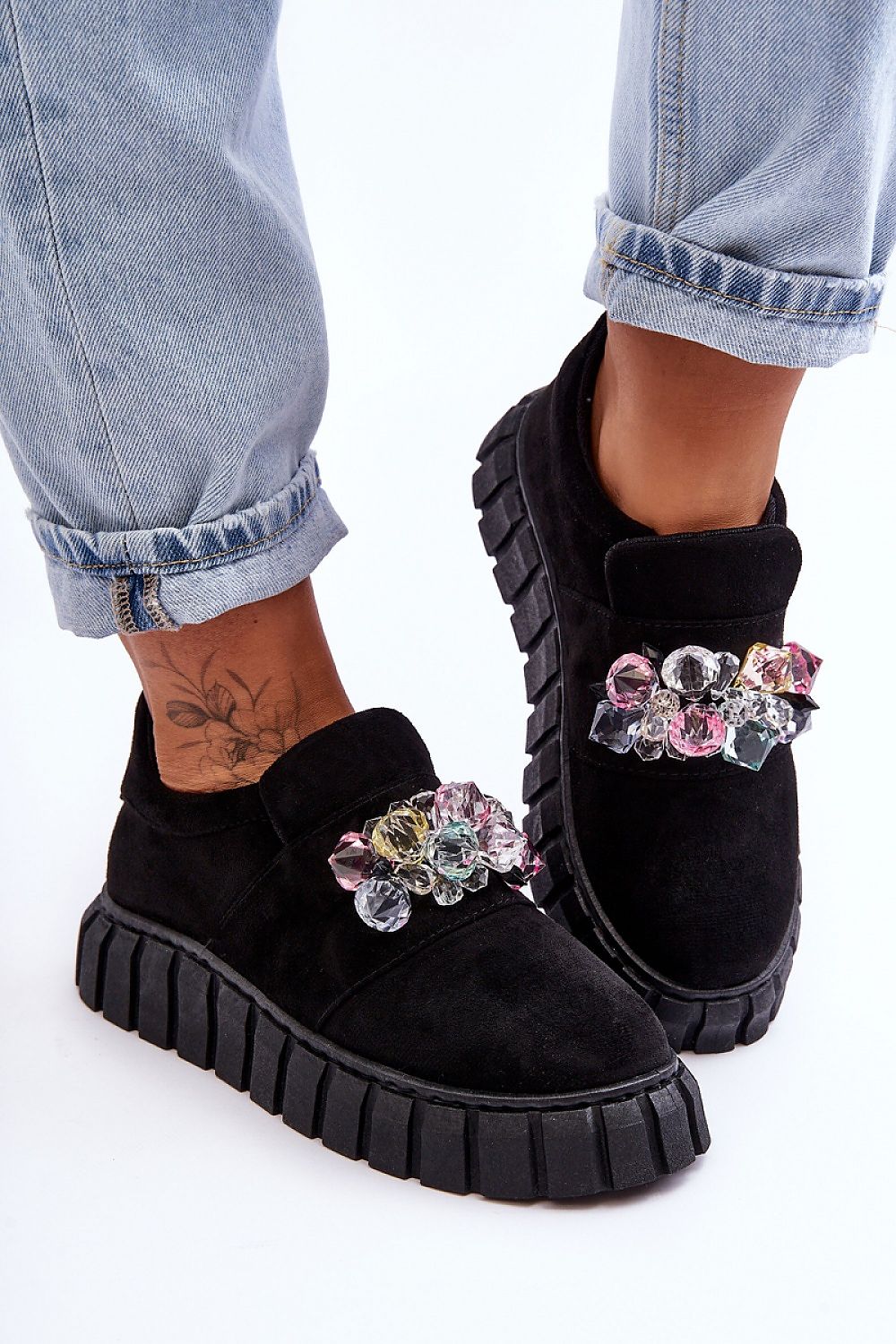 Verelune Crystal Platform Slip-Ons with eco-suede, sparkling crystal accents, and thick sole for style and comfort on jeans-clad feet.