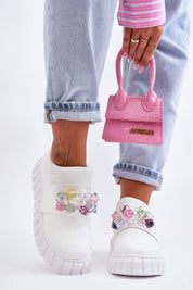 Verelune Crystal Platform Slip-Ons with eco-suede texture and crystal accents, worn with cuffed jeans and a pink handbag.