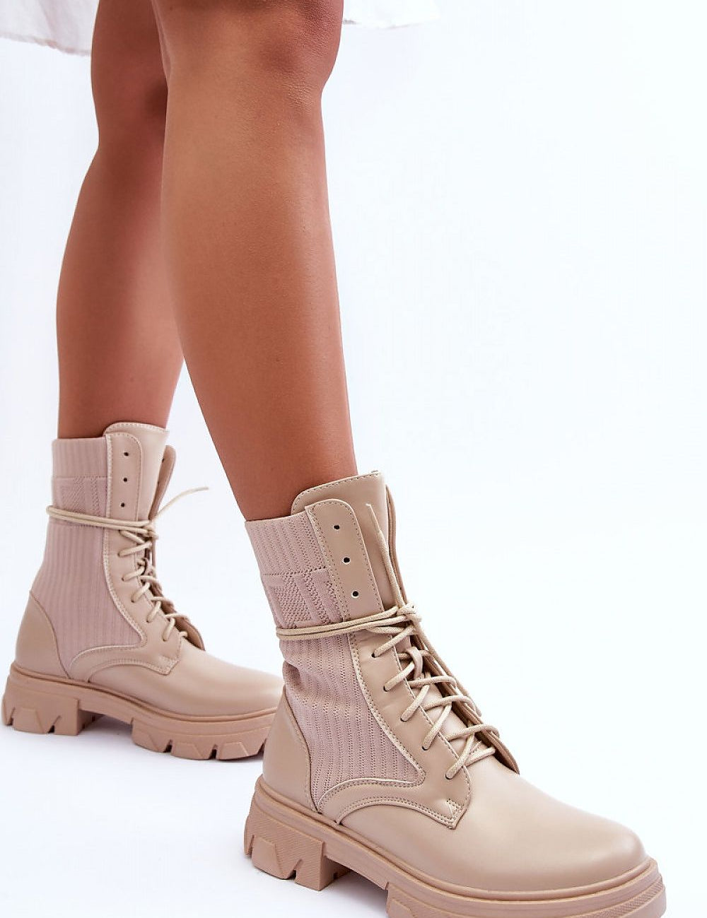 Norvessa Boundlace Sculpted Form platform boots in eco leather and stretch fabric with classic lacing, urban sculptural design.