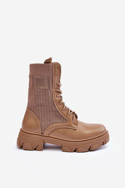 Brown Norvessa Boundlace Sculpted Form platform boot with eco leather, stretch fabric, and classic lacing, featuring a solid heel.