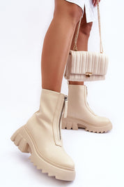 Zarosa Chunky Platform Zip Boots in cream eco leather with front zipper, chunky heel, shown with matching quilted handbag.