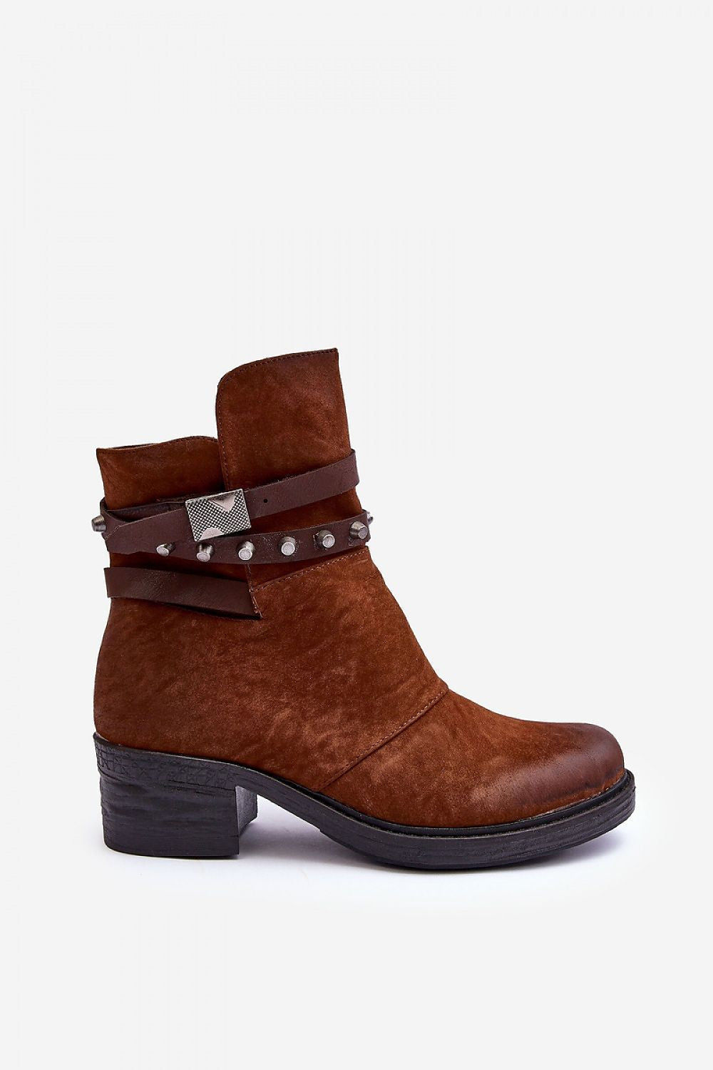 Brown ankle-high vegan leather boots with low heel, featuring matte finish and decorative strap detailing for casual and semi-formal wear.