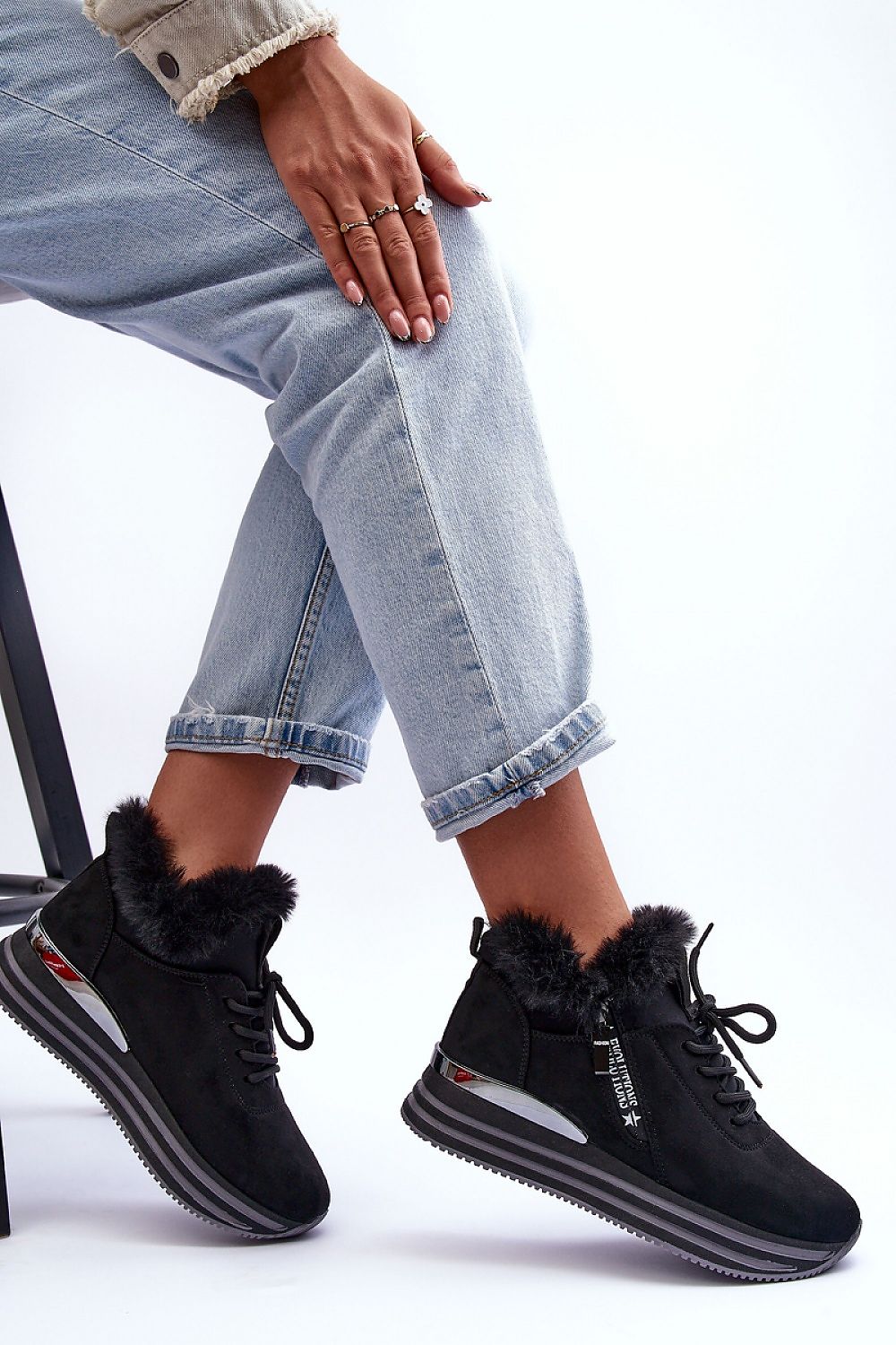 Evolutions Fur-Trimmed Winter Sneakers with eco-suede, warm fur collar, mirrored heel accent, and platform silhouette in black.