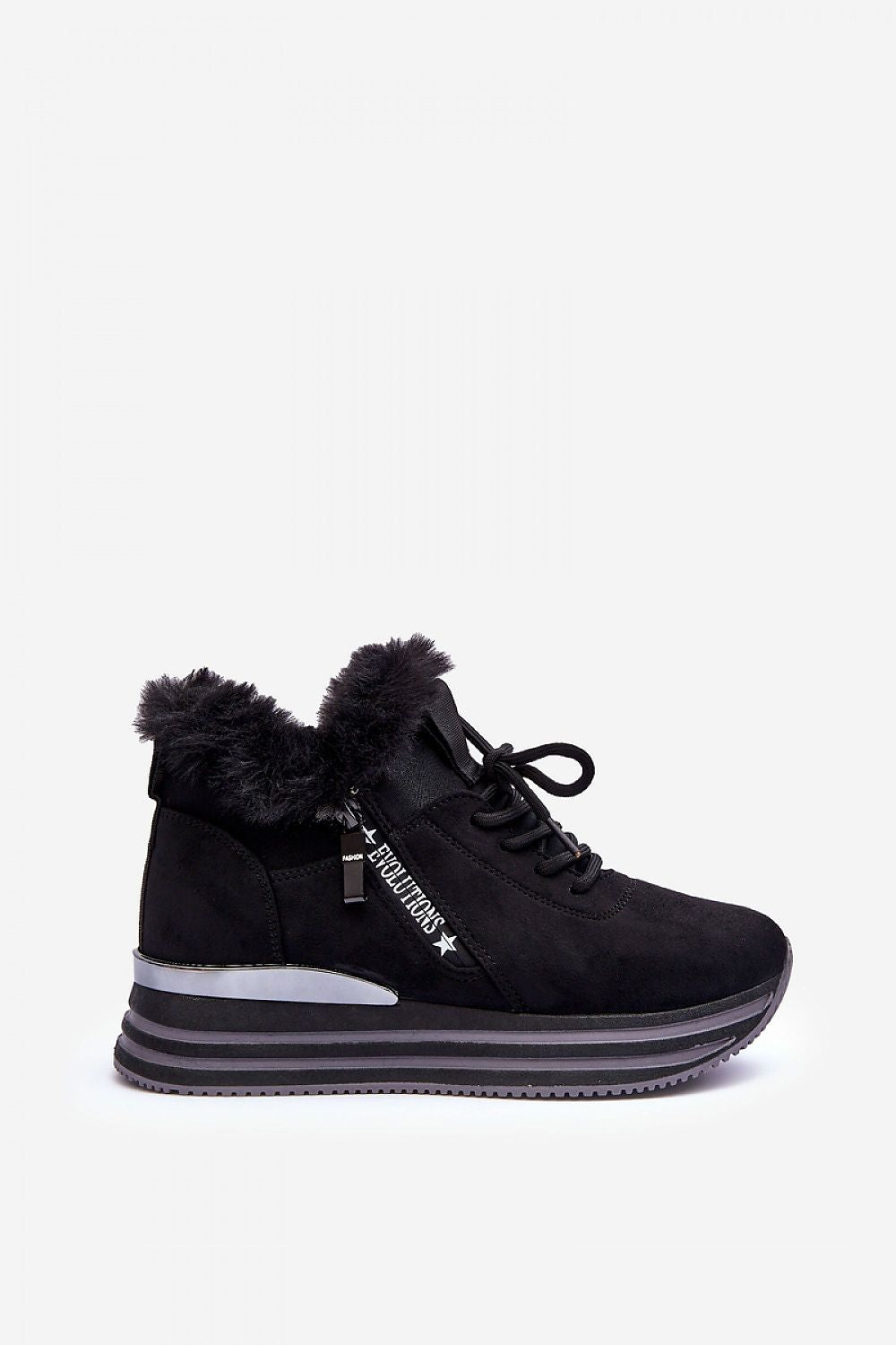 Evolutions fur-trimmed winter sneakers in black eco-suede, featuring a platform sole, mirrored heel accent, and warm fur collar.