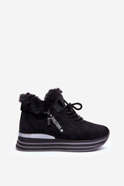 Evolutions fur-trimmed winter sneakers in black eco-suede, featuring a platform sole, mirrored heel accent, and warm fur collar.