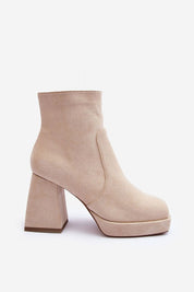 Caltrine Suede Platform Boots in beige with block heel and square toe, featuring eco-suede material and zippered closure for comfort and style.